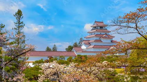 Aizu -Wakamatsu Castle with cherry blossom in Aizuwakamatsu, Japan photo