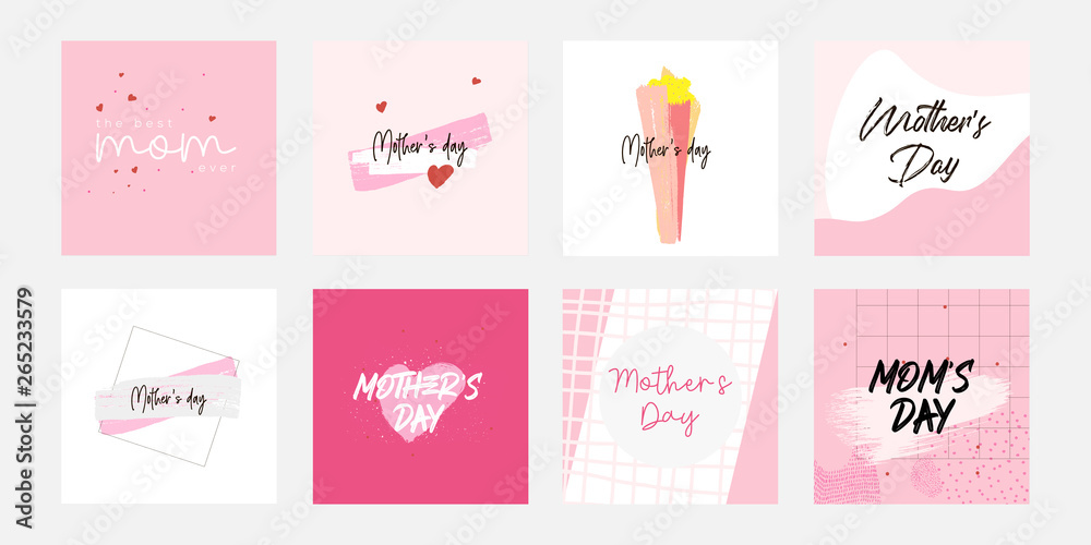 Set of Happy Mothers Day lettering greeting cards template. Hand drawn elements and letters. Suitable collection for background, banner, sticker, e-mail, website. Vector illustration