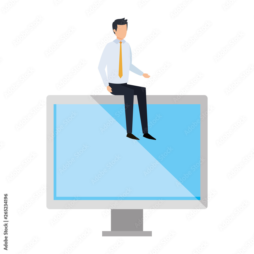 elegant businessman sitting in computer display elegant businessman sitting in computer display