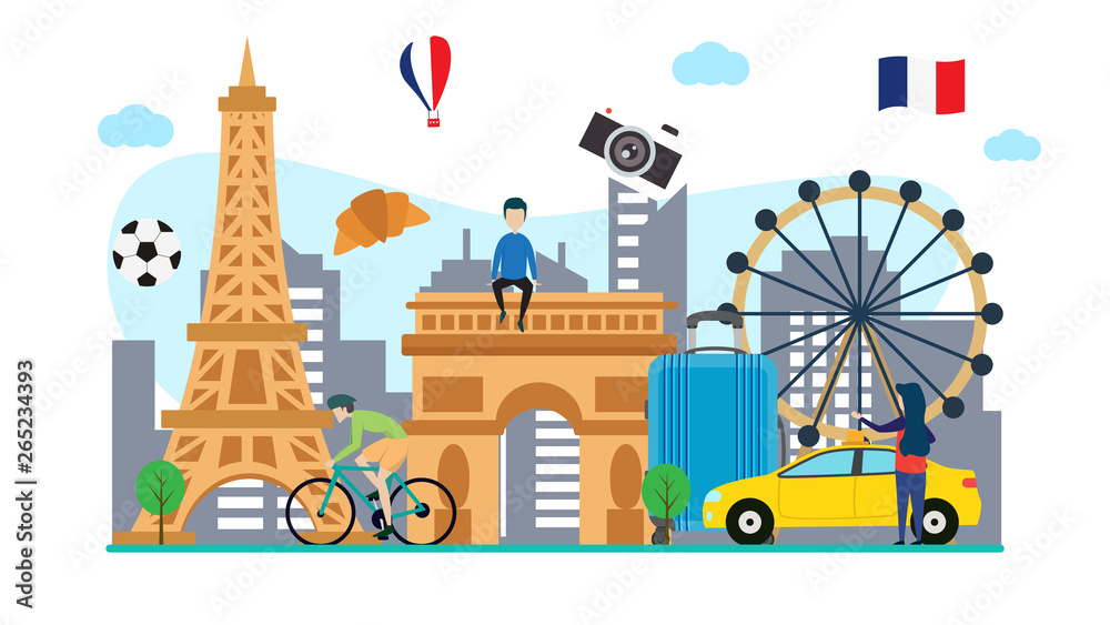 custom made wallpaper toronto digitaltravel to paris creative illustration vector of graphic , small people traveling in paris illustration vector , eiffel tower vector , new york city concept vector france flat illustration