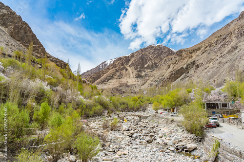 A panoramic view of the Turtuk Valley and the Shyok River.Turtuk is the last village of India on the India- Pakistan Border situated in the Nubra valley region in Ladakh, Jammu and Kashmir,India