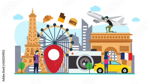 travel to paris creative illustration vector of graphic , small people traveling in paris illustration vector , eiffel tower vector , new york city concept vector france flat illustration