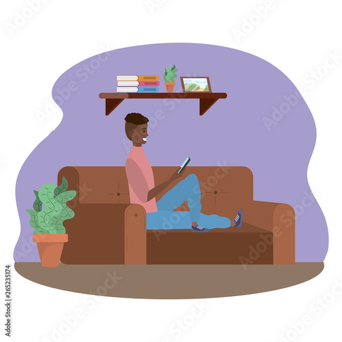 Millenial person sitting using smartphone indoors background frame