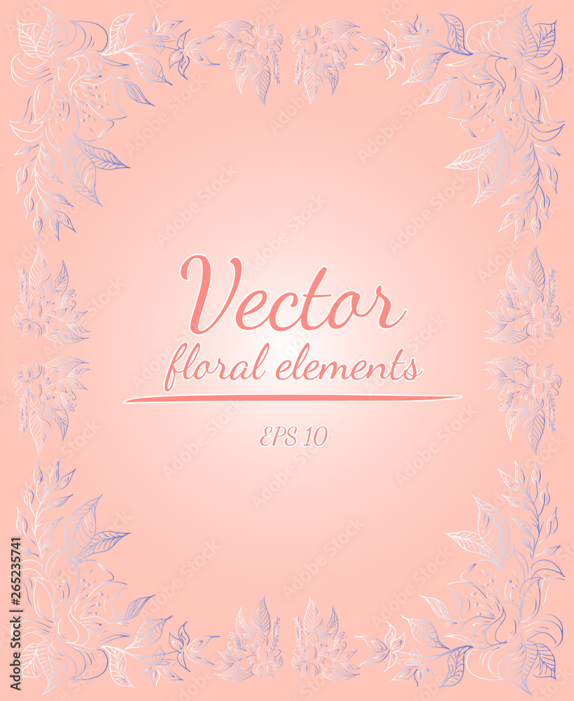 Wreath of roses or peonies flowers with your pink, living coral, moody blue and white gradient colors. Floral frame design elements for invitations and greeting cards. Hand drawn. Line art. Sketch