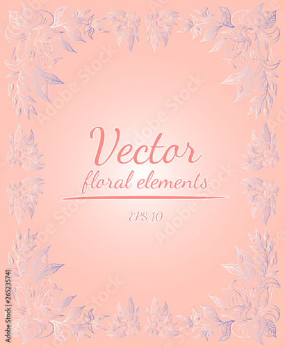 Wreath of roses or peonies flowers with your pink, living coral, moody blue and white gradient colors. Floral frame design elements for invitations and greeting cards. Hand drawn. Line art. Sketch