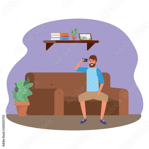 Millenial person sitting using smartphone indoors background frame