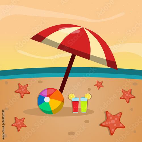 umbrella , juice and starfish on the beach for summer concept vector illustration