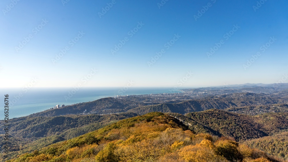 View from Akhun mountain. Black Sea and bright blue sky. Sochi, Russia.