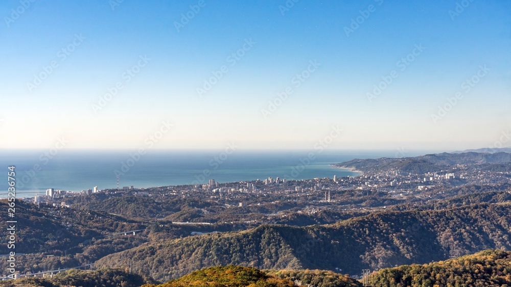 View from Akhun mountain. Black Sea and bright blue sky. Sochi, Russia.