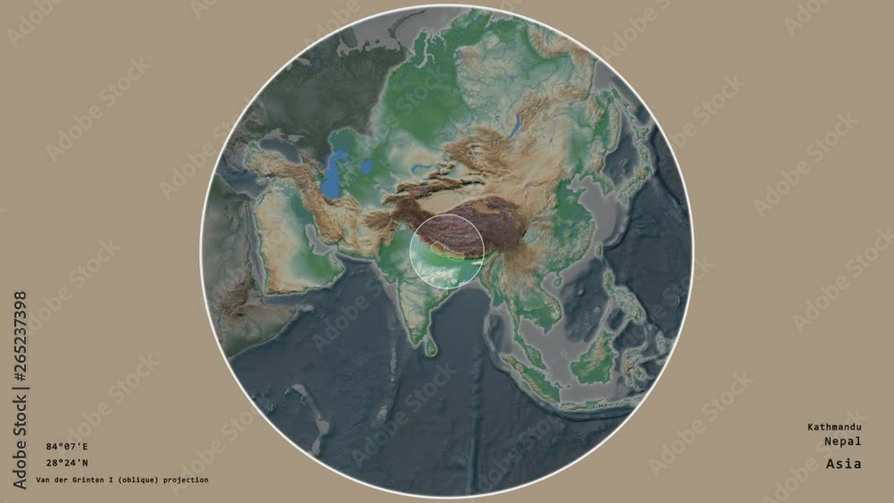 Nepal and its capital circled and zoomed on the global physical map in the van der Grinten I projection with animated oblique transformation. Animation 3D Nepal and its capital circled and zoomed on the global physical map in the van der Grinten I projection with animated oblique transformation. Animation 3D