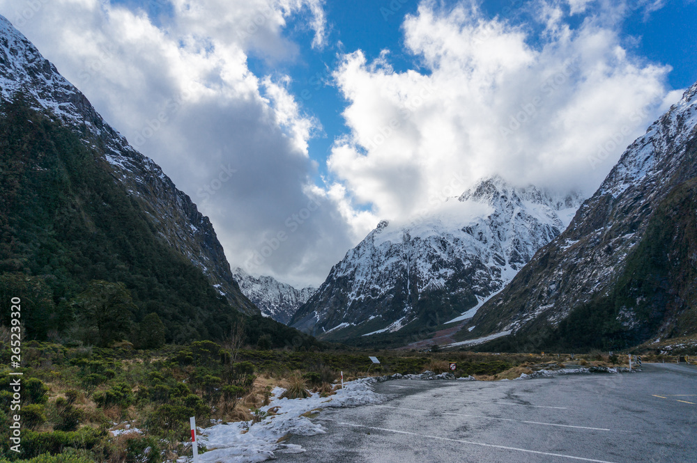 Snowcapped mountains in Fiorland National Park in New Zealand