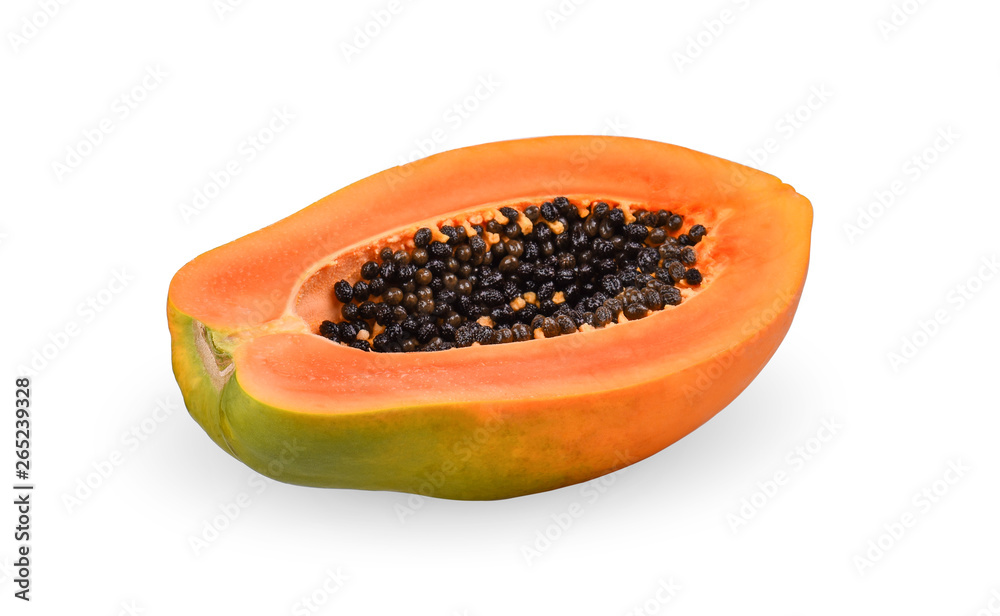 half of ripe papaya fruit with seeds isolated on white background. half of ripe papaya fruit with seeds isolated on white background.