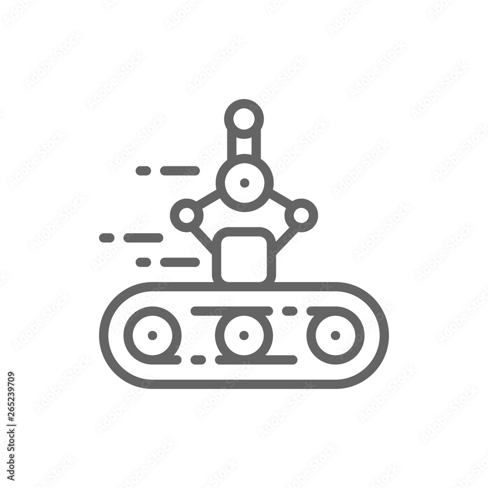Conveyor belt, mechanical arm, robotic packaging line icon. Conveyor belt, mechanical arm, robotic packaging line icon.