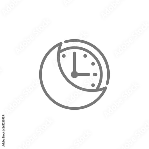 Night time, moon with clock line icon.
