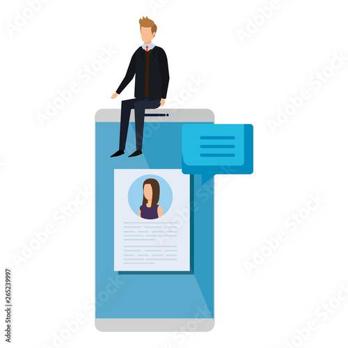 businessman sitting in smartphone with employment app