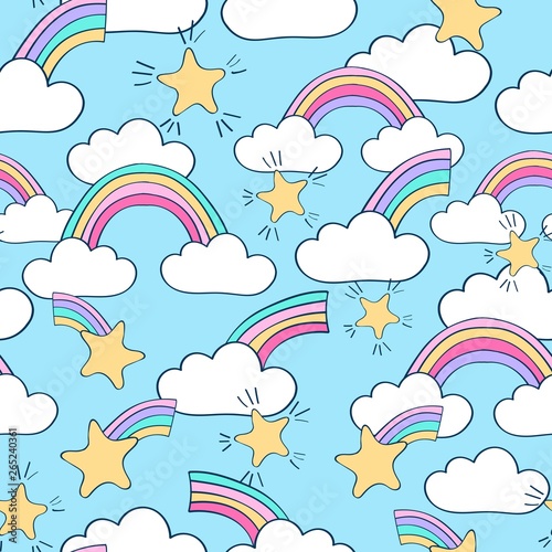 Hand drawn seamless repeat pattern with shooting stars, clouds and rainbows in a blue sky. Kids design, packaging, stationery, fabric celestial surface design.