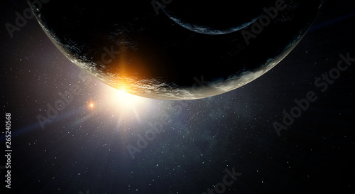 Planets in space with sunrise light