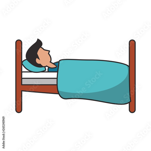 Man sleeping on bed sideview cartoon