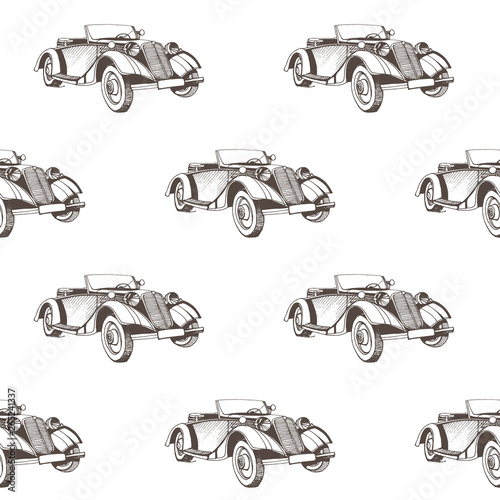 Hand drawn doodle cartoon cars seamless pattern. Wallpaper for baby boy. Transport sketch.