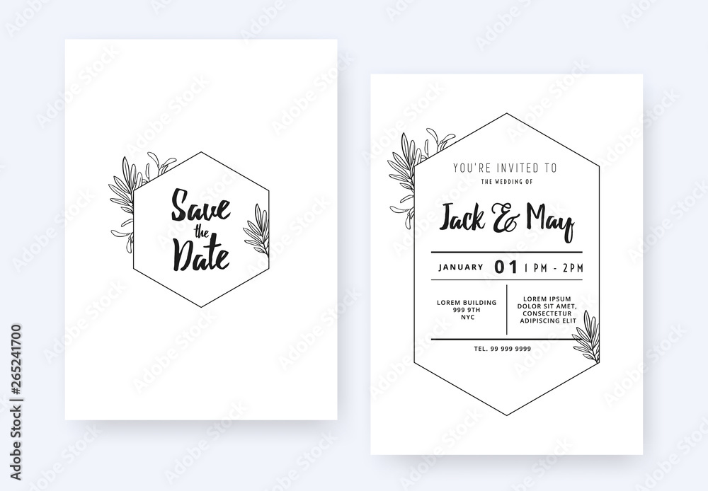 Plakat Minimalist wedding invitation card template design, foliage line art ink drawing with hexagon frame on white