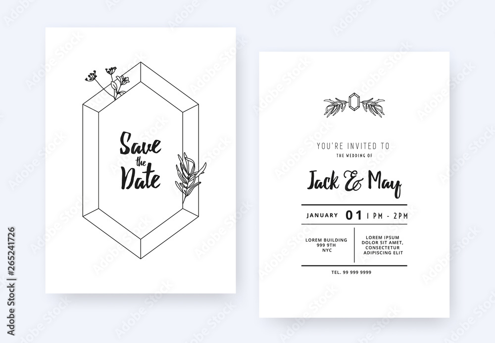Minimalist wedding invitation card template design, hexagon gemstone and foliage line art ink drawing on white