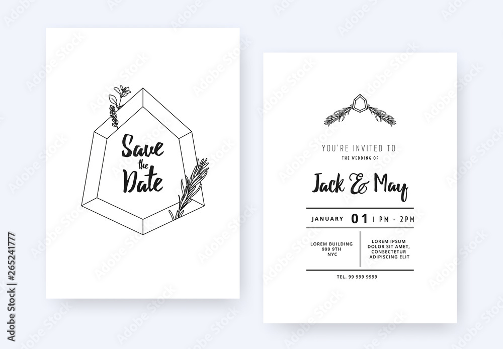 Minimalist wedding invitation card template design, hexagon gemstone and foliage line art ink drawing on white Minimalist wedding invitation card template design, hexagon gemstone and foliage line art ink drawing on white
