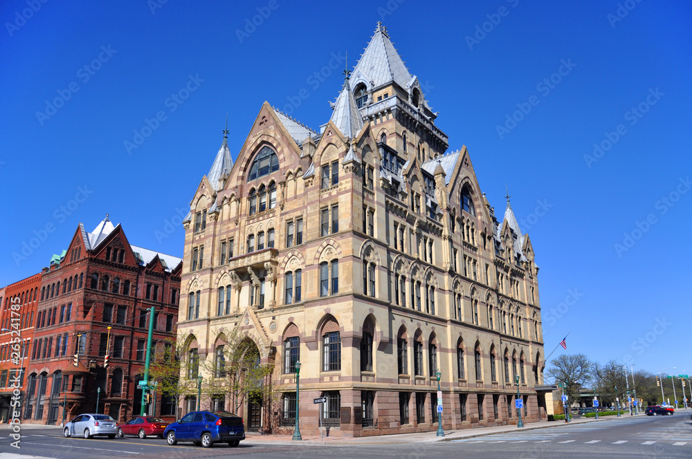 Syracuse Savings Bank Building was built in 1876 with Gothic style at Clinton Square in downtown Syracuse, New York State, USA. Now this building is a US National Register of Historic Places.