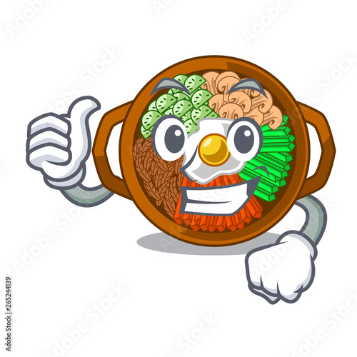 Thumbs up bibimbap served on mascot hot pan