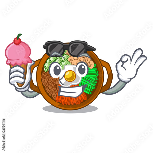 With ice cream bibimbap served on mascot hot pan