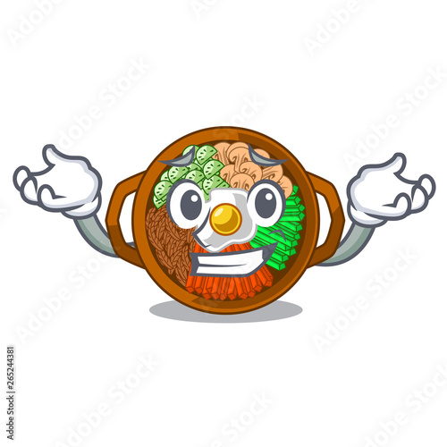 Grinning bibimbap served on mascot hot pan