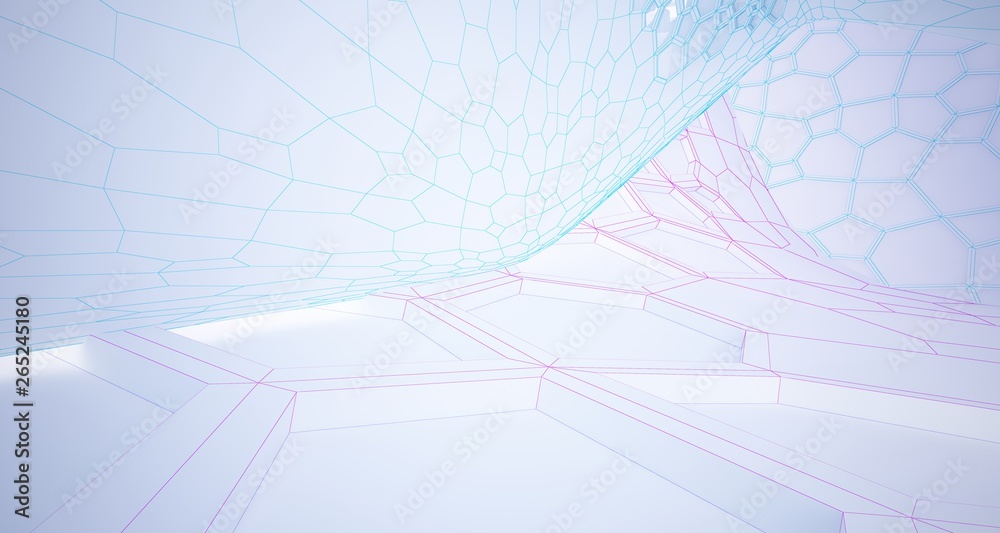 Abstract drawing white parametric interior multilevel public space with window. 3D illustration and rendering.