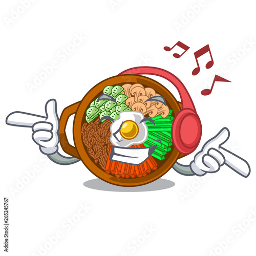 Listening music plate containing bibimbap cartoon on table