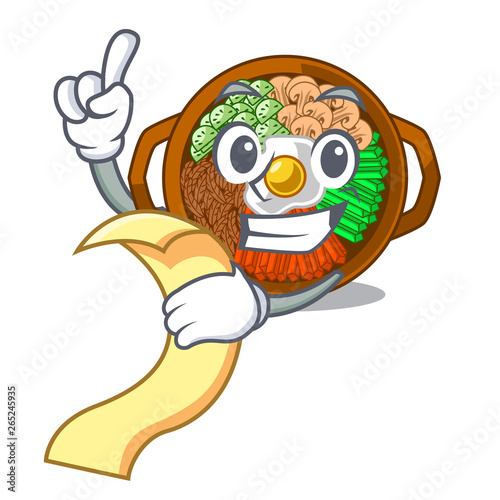 With menu plate containing bibimbap cartoon on table