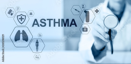 Asthma diagnosis, medical doctor with stethoscope and virtual screen. Modern medical concept.