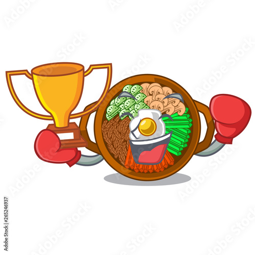 Boxing winner plate containing bibimbap cartoon on table