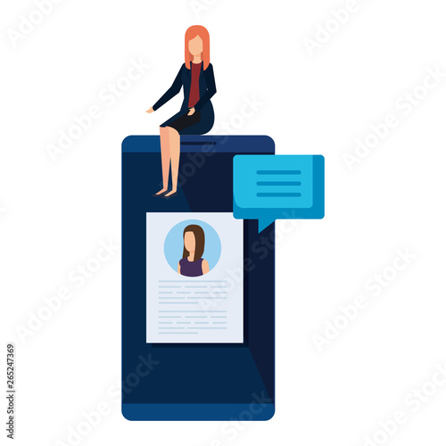businesswoman sitting in smartphone with employment app
