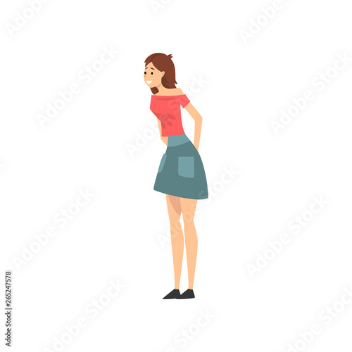 Smiling Girl Wearing Red T-shirt and Blue Skirt Vector Illustration