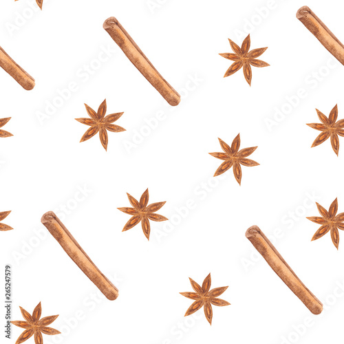 Watercolor pattern of spices cinnamon on a white background.