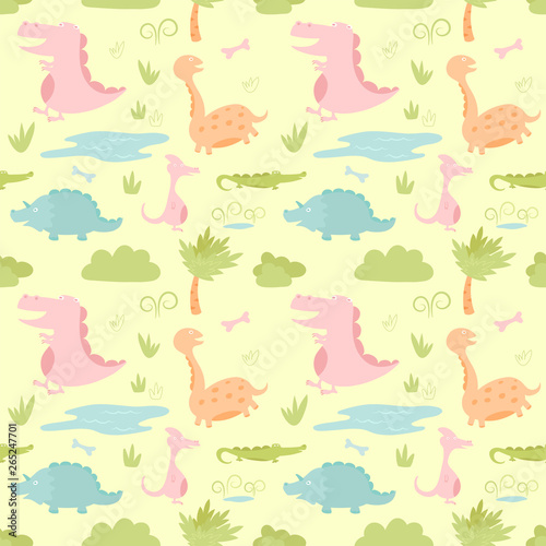 Dinosaurs cute cartoon design seamless pattern. Vector illustration wallpaper and background.
