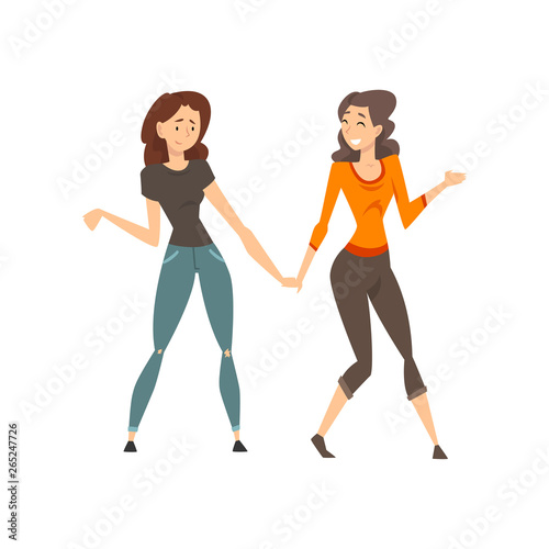 Beautiful Girls Holding Hands, Joyful Friends Having Fun Together, Female Friendship Concept Vector Illustration