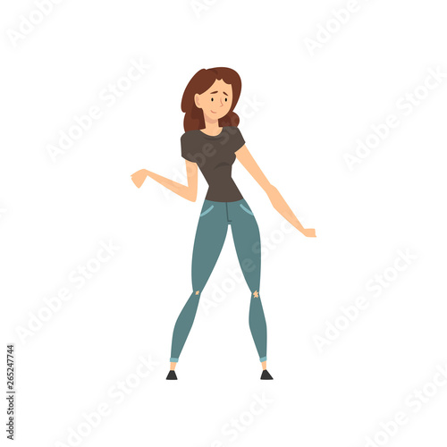 Beautiful Happy Girl Wearing Black T-shirt and Jeans Vector Illustration