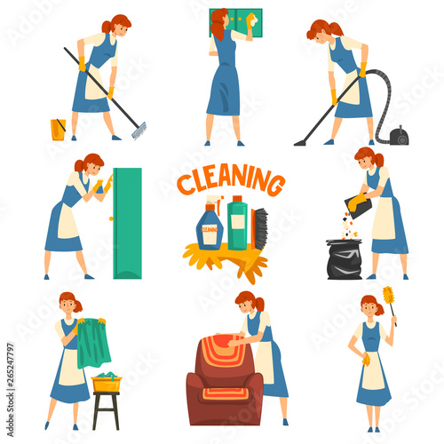 Young Woman Cleaning and Washing Set, Cleaning Lady Character Wearing Uniform with Blue Dress and White Apron, Cleaning Service Vector Illustration