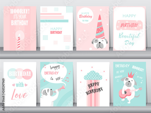 Set of birthday cards,poster,invitation,template,greeting cards,animals,dog,puppy,cute,Vector illustrations