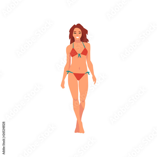 Beautiful Smiling Girl in Red Bikini, Young Woman Wearing Bathing Suit, Summer Fashion Vector Illustration