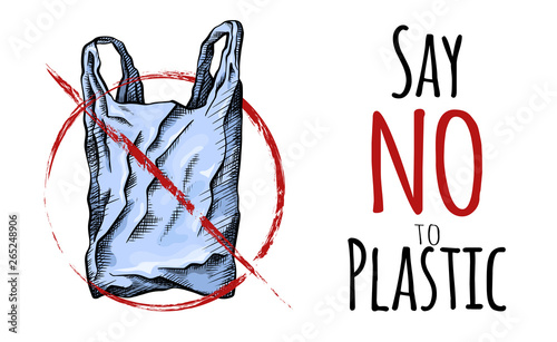 Say no to plastic. Coloring line drawing of a plastic bag with hatching. Environmental pollution.