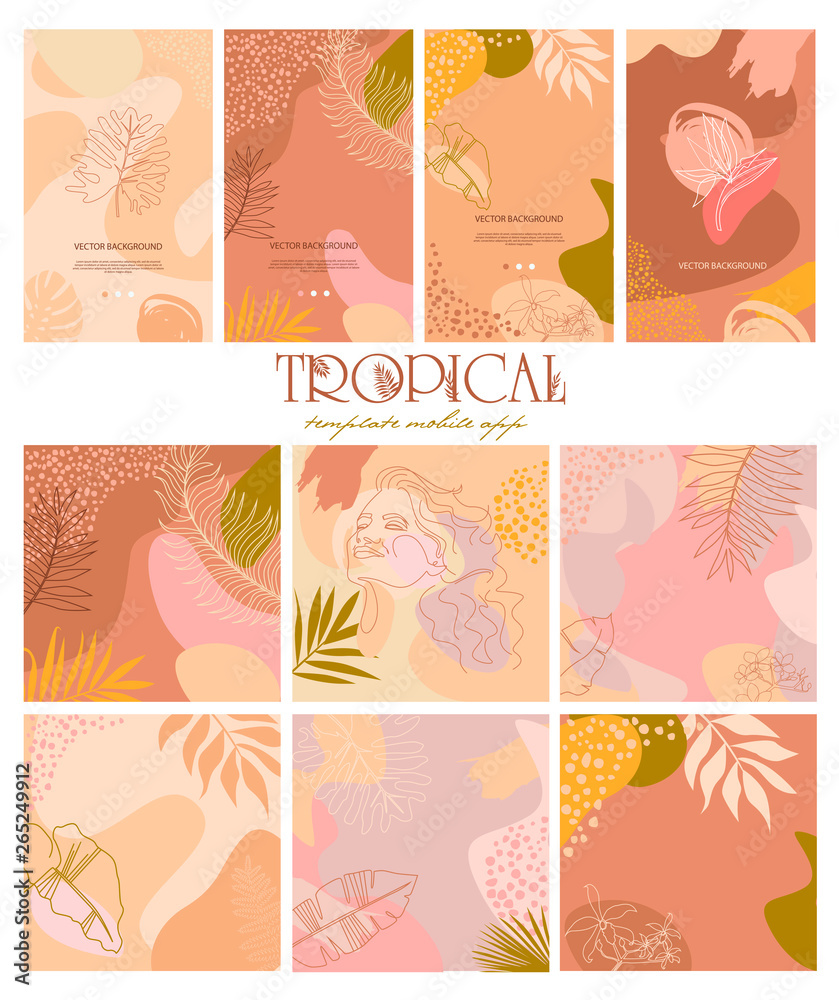 Set of abstract background with tropical elements, shapes and girl portrait in one line style. Background for mobile app page minimalistic style. Vector illustration