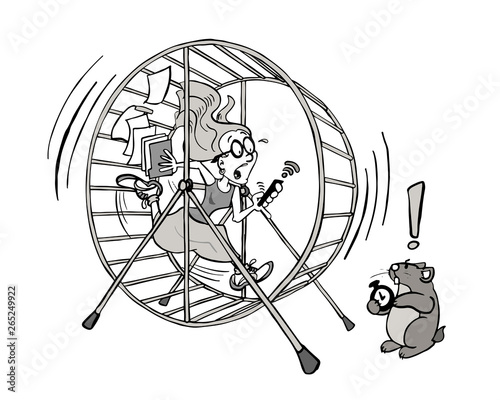 Young woman running in a hamster wheel - Denisse BW photo