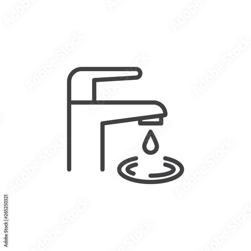 Faucet with water drop line icon. linear style sign for mobile concept and web design. Water tap with drop outline vector icon. Save the water symbol, logo illustration. Pixel perfect vector graphics