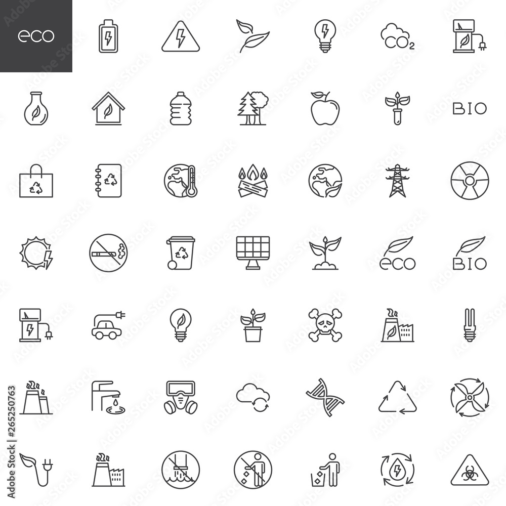 Ecology line icons set. linear style symbols collection, outline signs pack. vector graphics. Set includes icons as eco waste, environmental pollution, water recycle, global warming, solar energy 