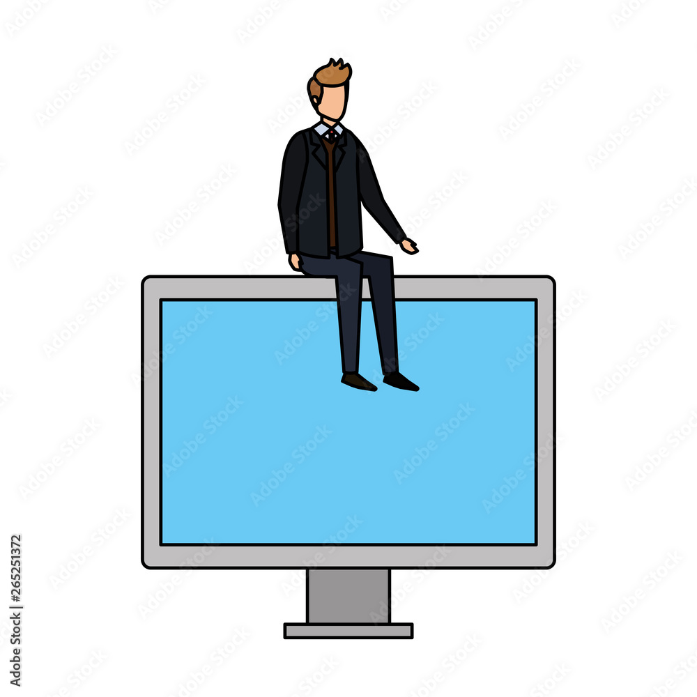 elegant businessman sitting in computer display elegant businessman sitting in computer display